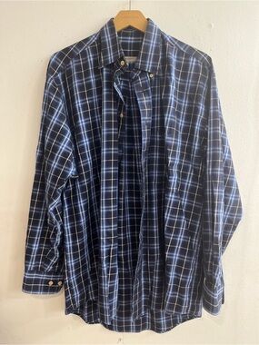 Burberry Men's Navy and White Plaid Button-Up Shirt